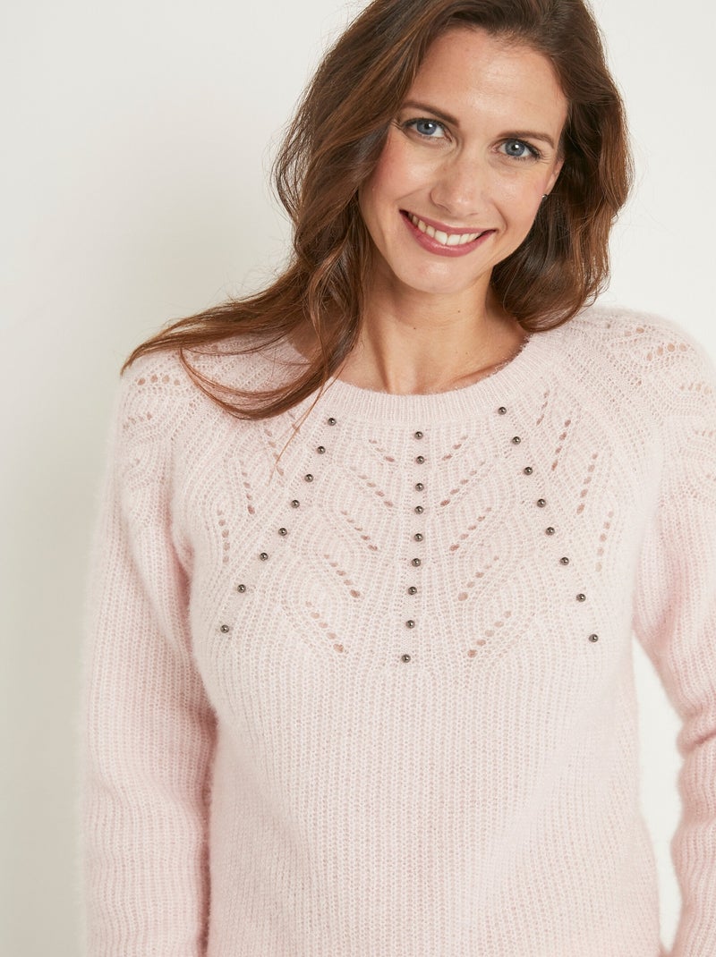 Pull doux maille poilue col rond perlé ajouré - Afibel Rose - Kiabi