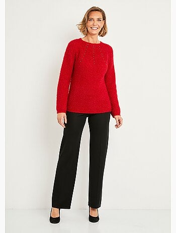 Pull doux maille poilue col rond perlé ajouré - Afibel