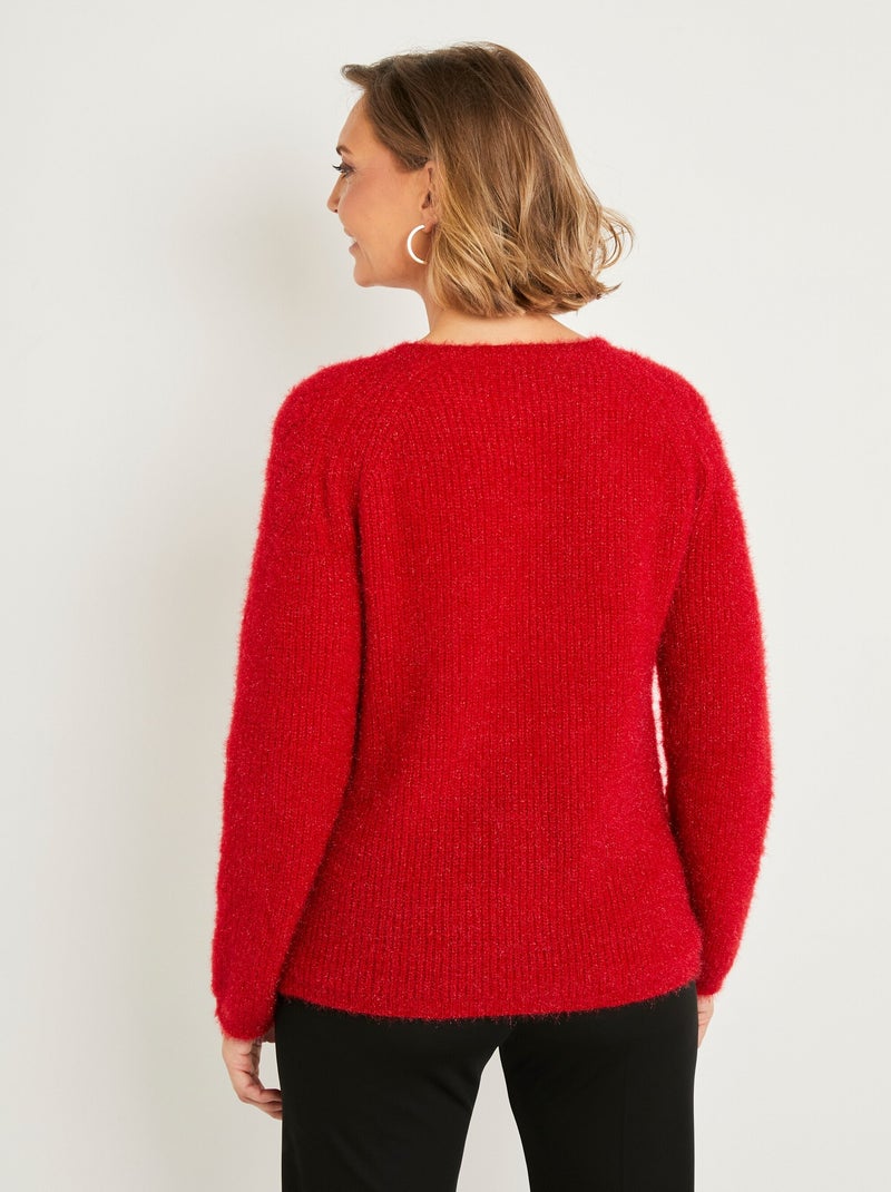 Pull doux maille poilue col rond perlé ajouré - Afibel Rouge - Kiabi