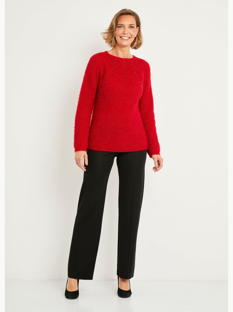 Pull doux maille poilue col rond perlé ajouré - Afibel Rouge - Kiabi