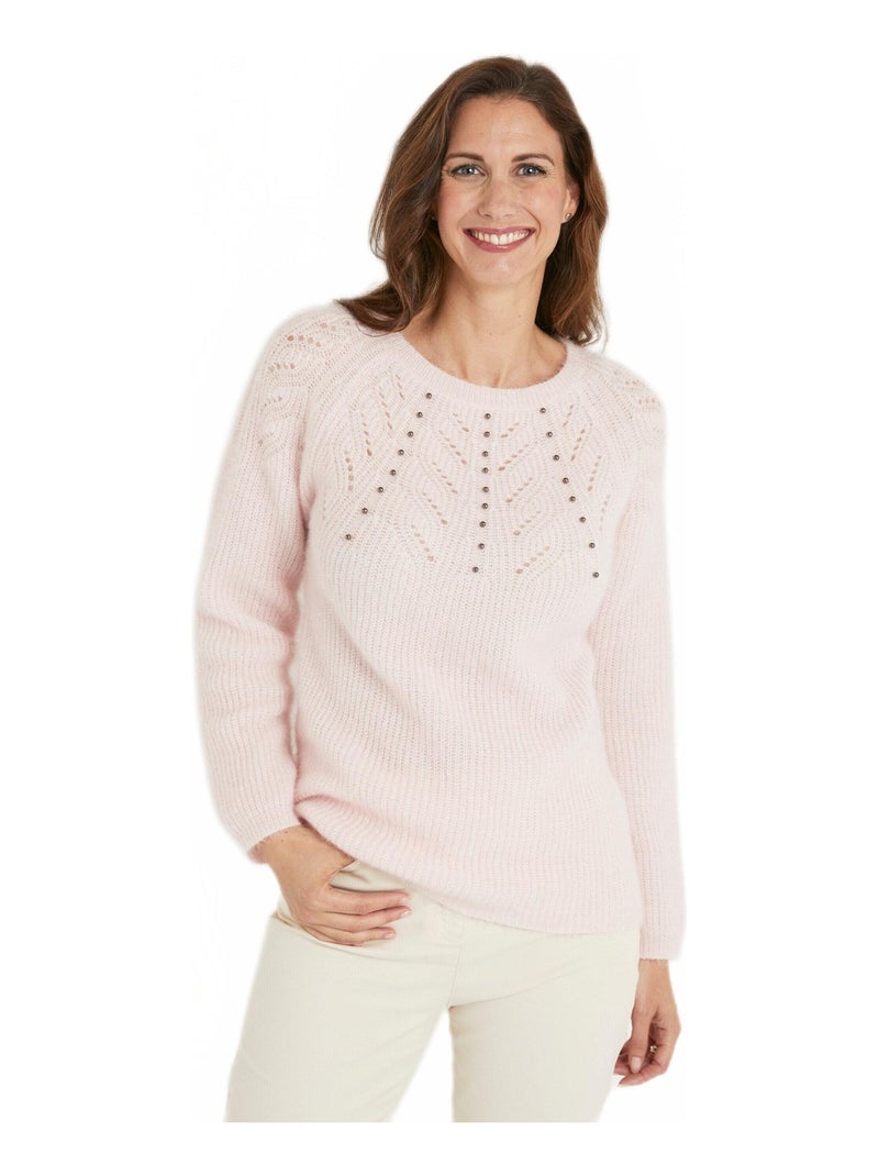 Pull doux maille poilue col rond perlé ajouré Rose - Kiabi