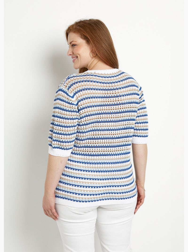 Pull doux rayé ajouré court manches courtes - Afibel Bleu Blanc - Kiabi