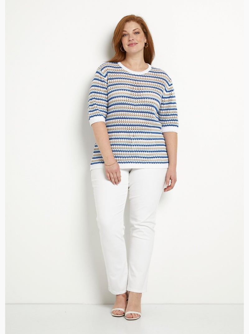 Pull doux rayé ajouré court manches courtes - Afibel Bleu Blanc - Kiabi