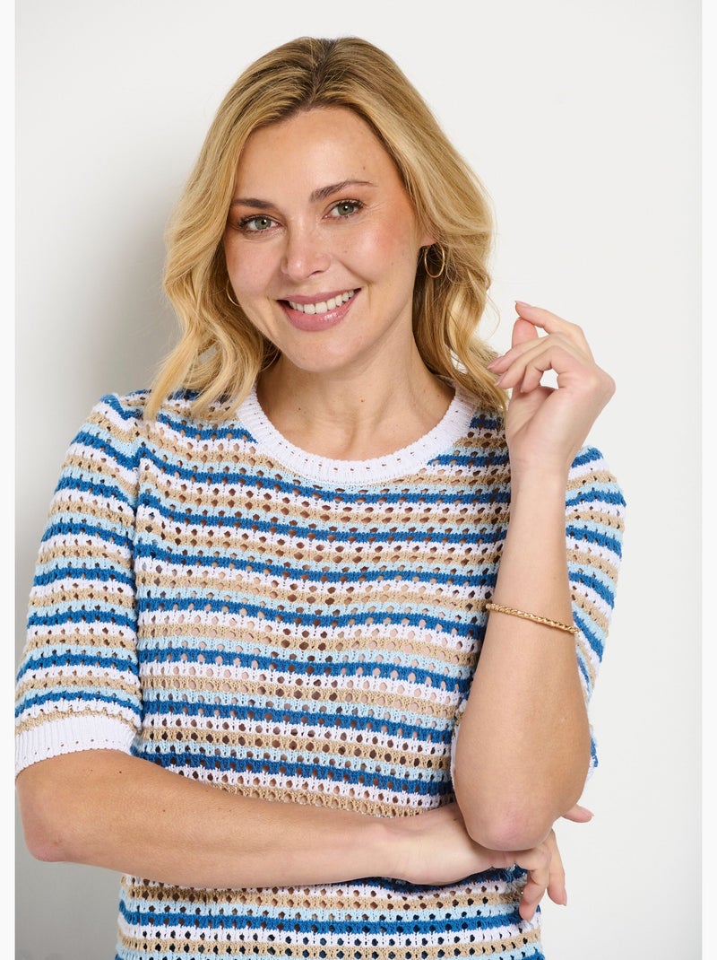 Pull doux rayé ajouré court manches courtes - Afibel Bleu Blanc - Kiabi