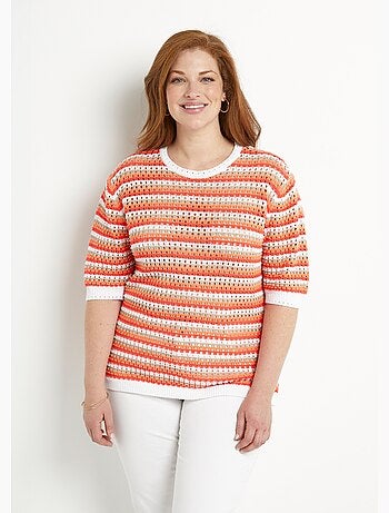 Pull doux rayé ajouré court manches courtes - Afibel