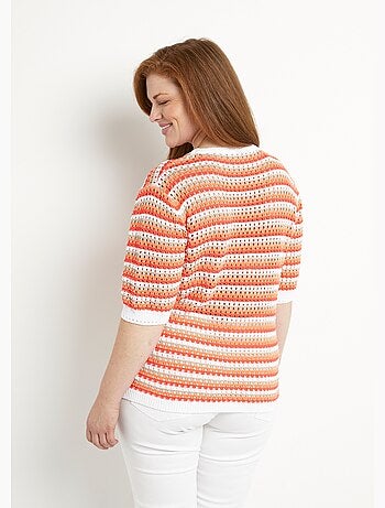 Pull doux rayé ajouré court manches courtes - Afibel