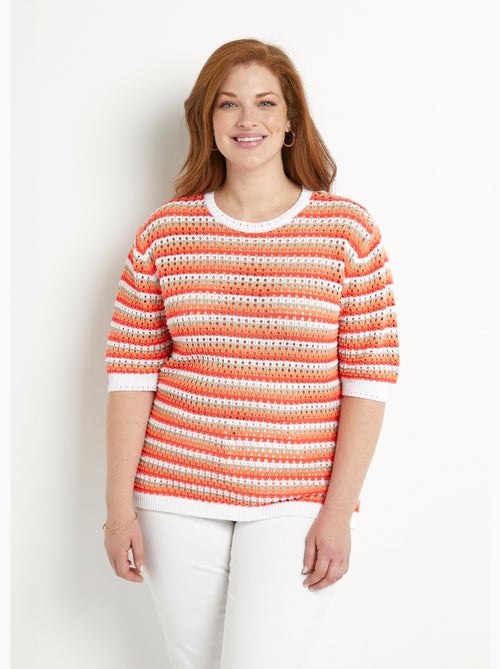 Pull doux rayé ajouré court manches courtes - Afibel - Kiabi