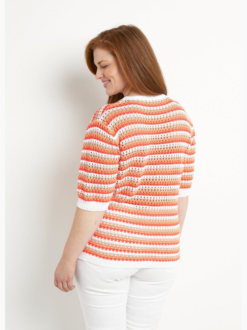 Pull doux rayé ajouré court manches courtes - Afibel Corail - Kiabi