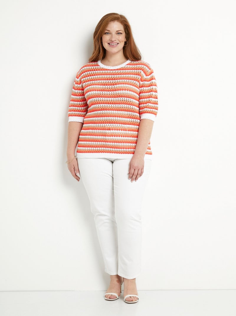 Pull doux rayé ajouré court manches courtes - Afibel Corail - Kiabi