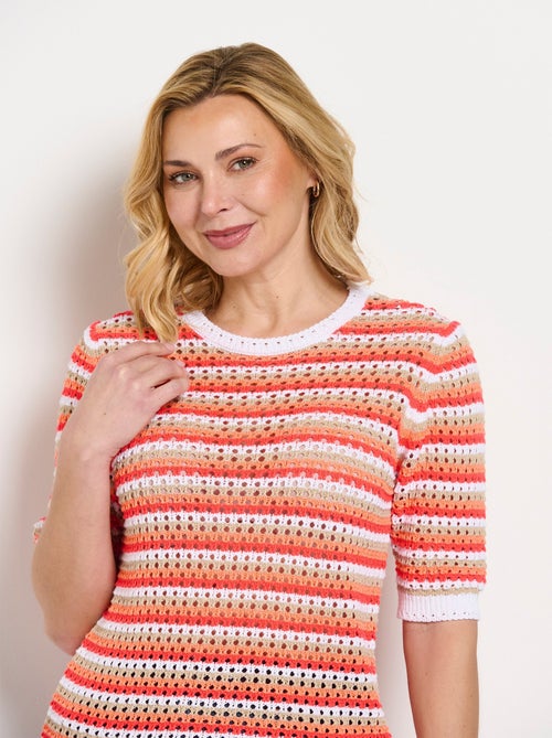 Pull doux rayé ajouré court manches courtes - Afibel - Kiabi