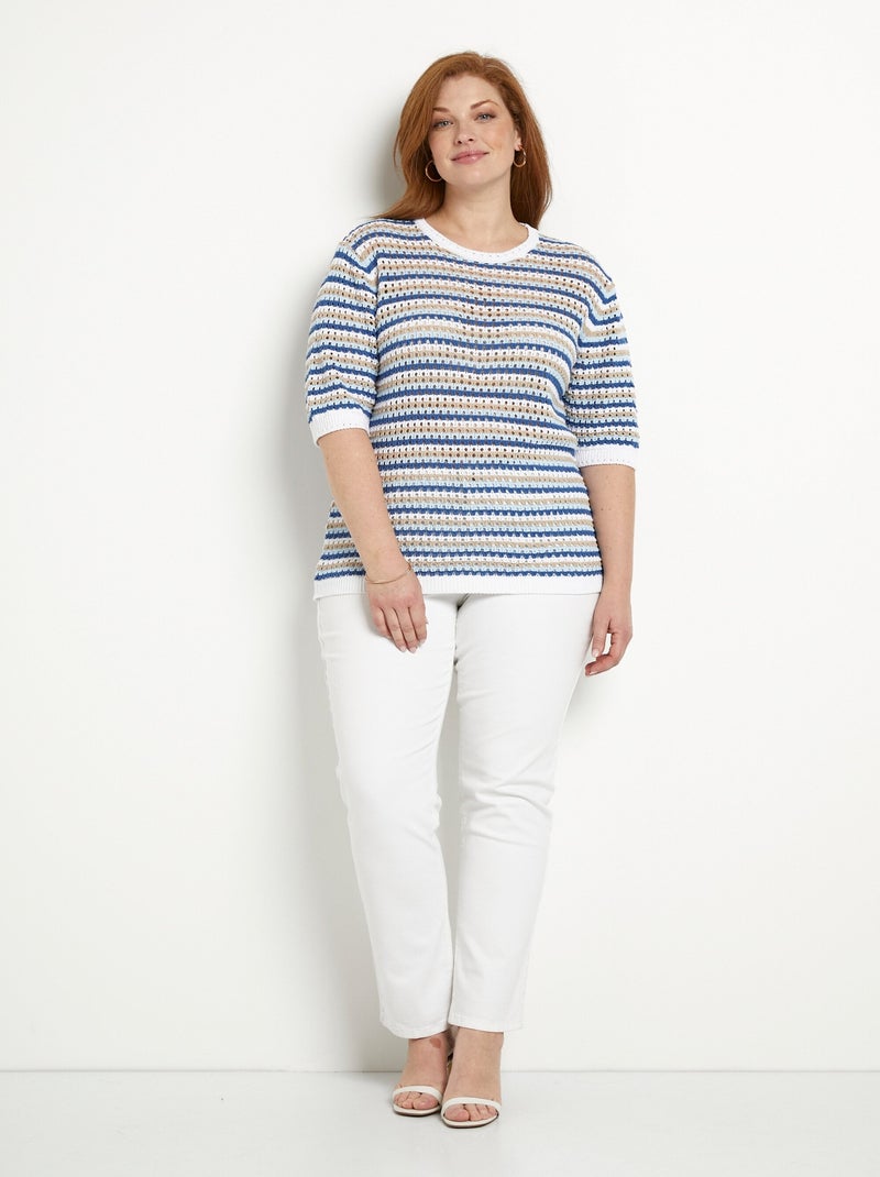 Pull Femme Bleu Ciel Manches Courtes Ajouré – Taille S – Marque Jacqueline De Young – Comme Neuf