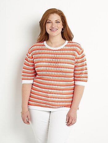 Pull doux rayé ajouré court manches courtes