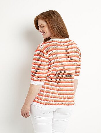 Pull doux rayé ajouré court manches courtes