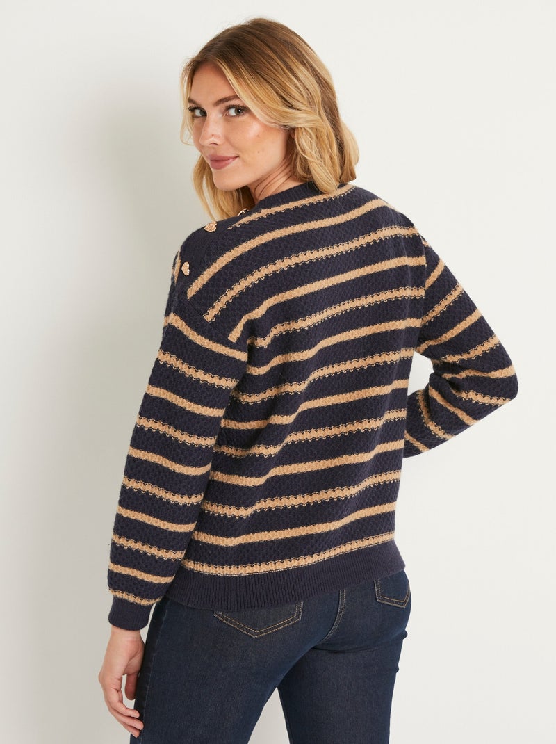 Pull doux rayé col rond maille fantaisie - Afibel Bleu marine - Kiabi