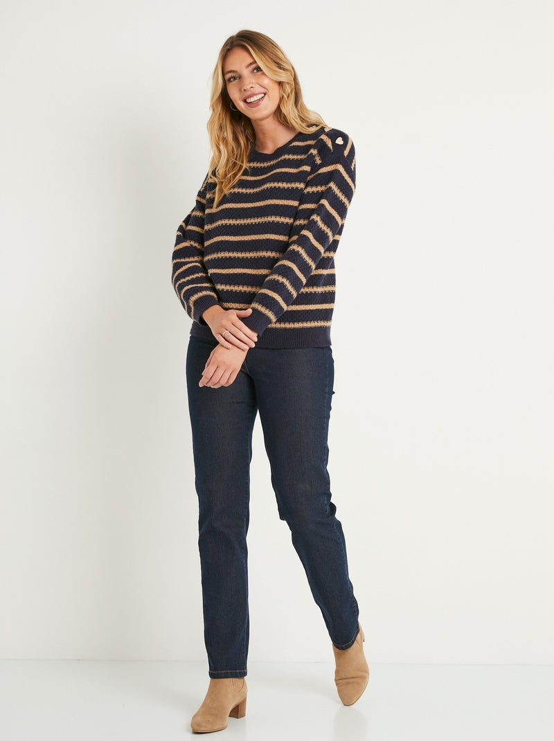 Pull doux rayé col rond maille fantaisie - Afibel Bleu marine - Kiabi