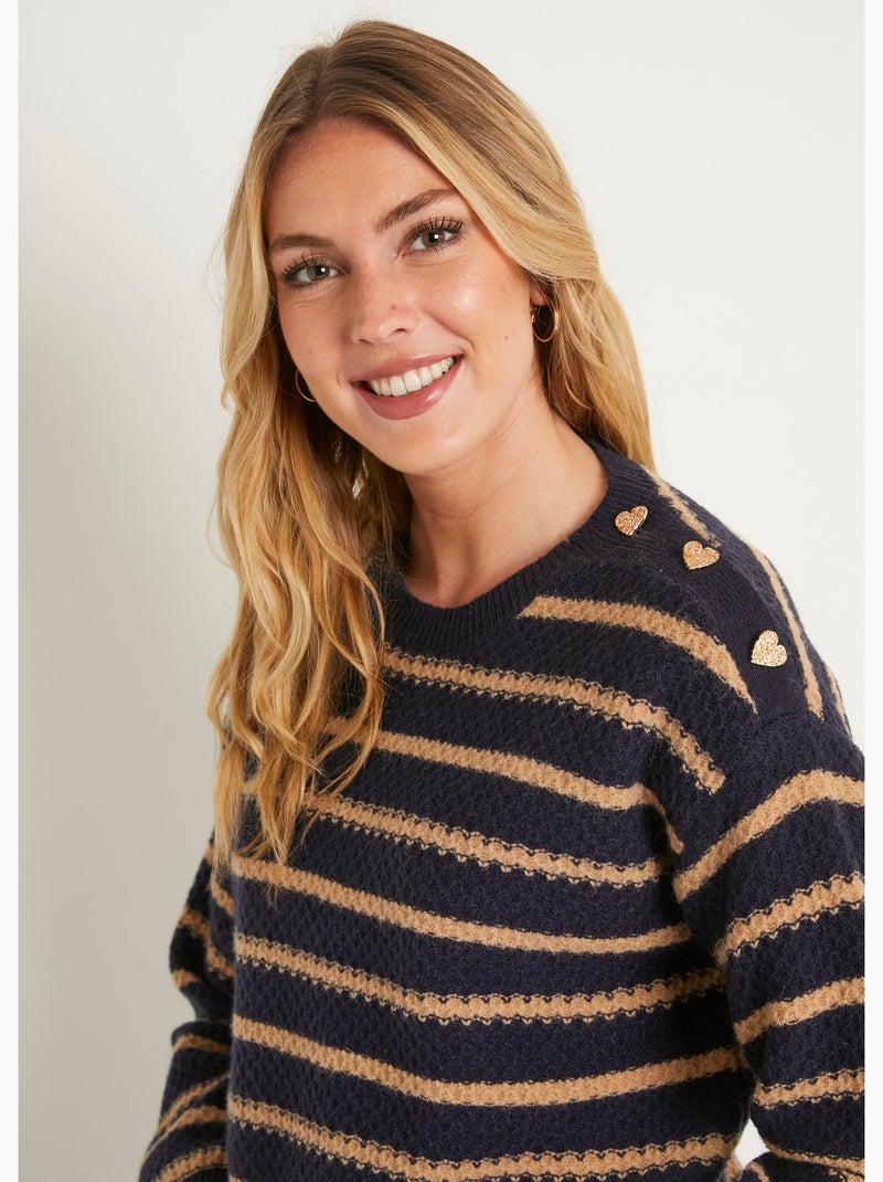 Pull doux rayé col rond maille fantaisie - Afibel Bleu marine - Kiabi