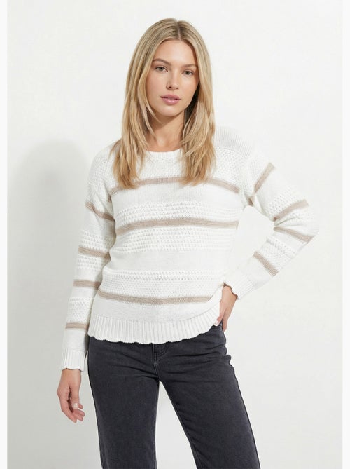 Pull doux rayé col rond maille fantaisie - Afibel - Kiabi
