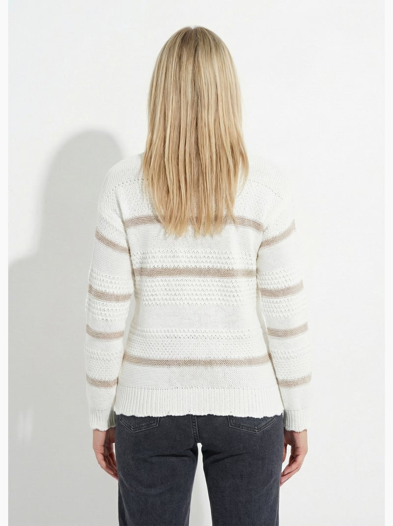 Pull doux rayé col rond maille fantaisie - Afibel Ecru - Kiabi