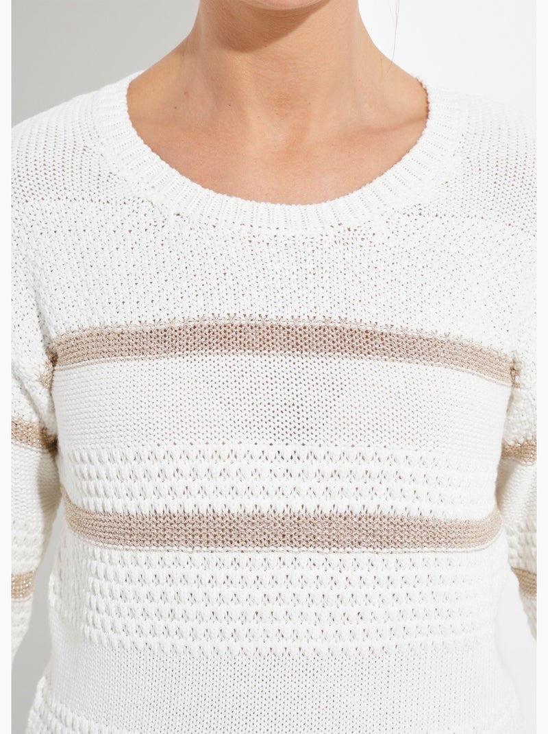 Pull doux rayé col rond maille fantaisie - Afibel Ecru - Kiabi