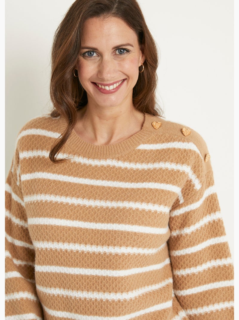 Pull doux rayé col rond maille fantaisie Camel - Kiabi