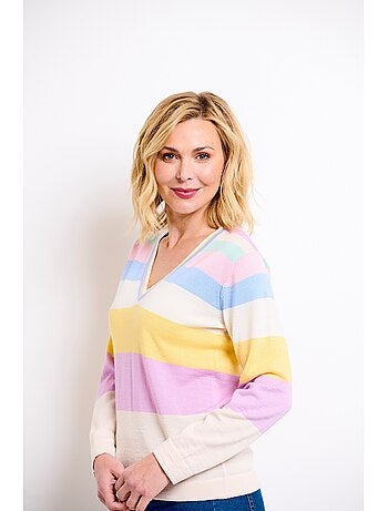 Pull doux rayé col V laine mérinos - Afibel