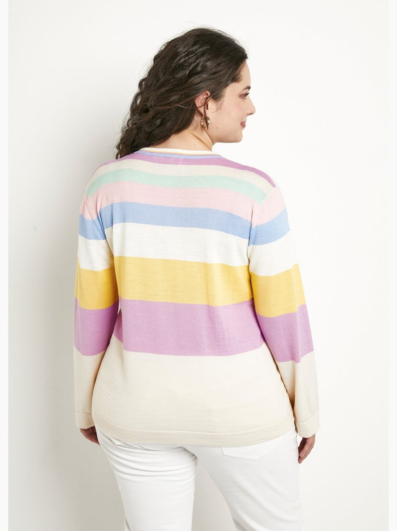 Pull doux rayé col V laine mérinos - Afibel Multicolore - Kiabi