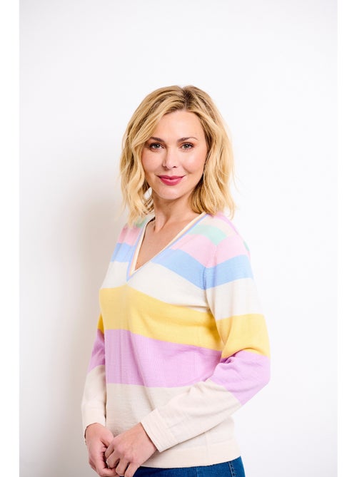 Pull doux rayé col V laine mérinos - Afibel - Kiabi