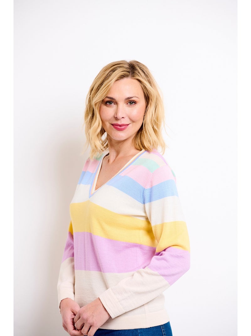 Pull doux rayé col V laine mérinos - Afibel Multicolore - Kiabi