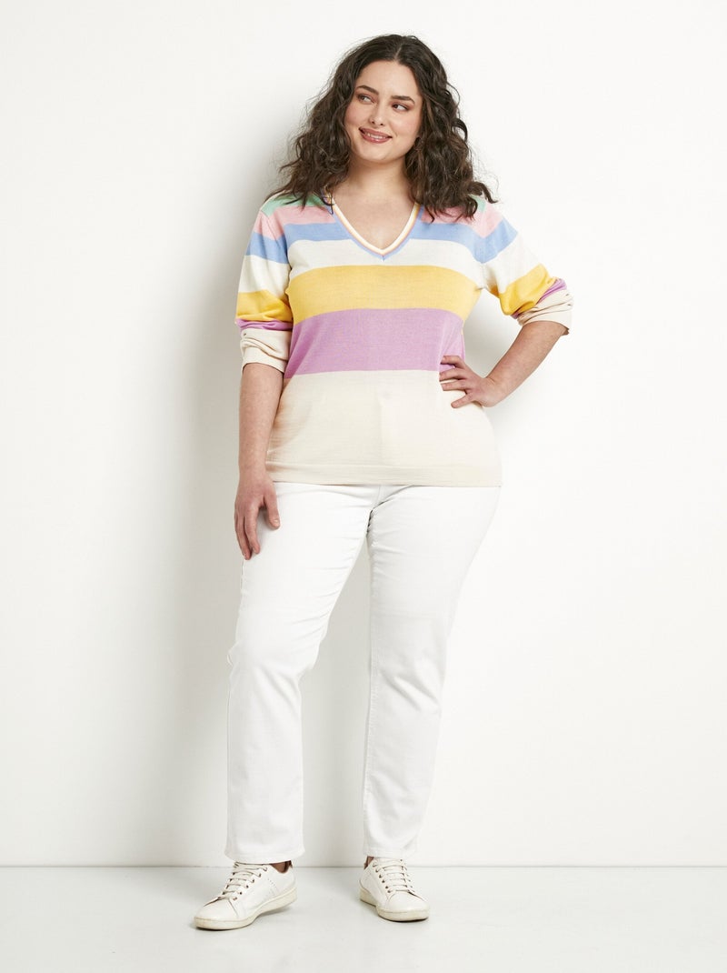 Pull doux rayé col V laine mérinos - Afibel Multicolore - Kiabi