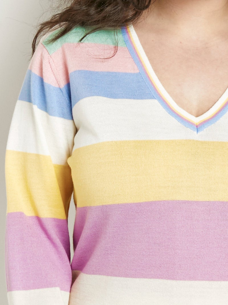 Pull doux rayé col V laine mérinos - Afibel Multicolore - Kiabi
