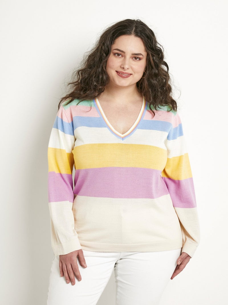 Pull doux rayé col V laine mérinos Multicolore - Kiabi
