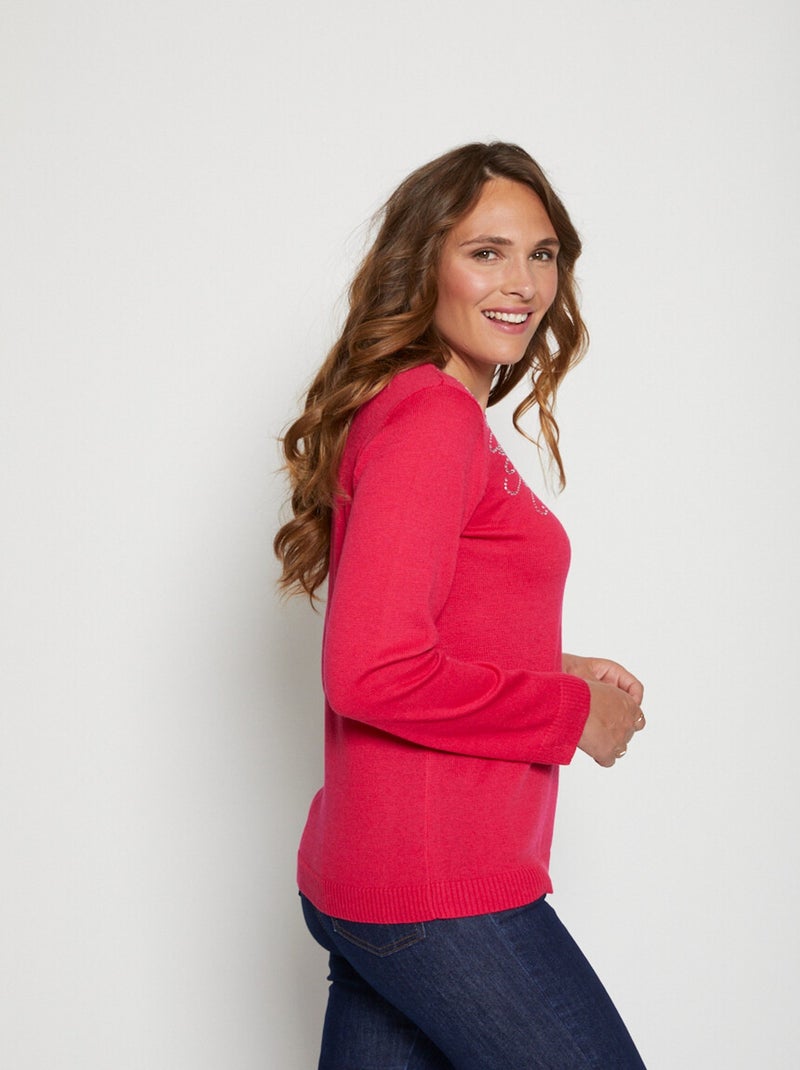 Pull doux strass col montant Rose - Kiabi
