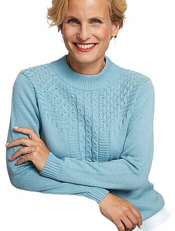 Pull doux torsades côtes strass col montant - Afibel