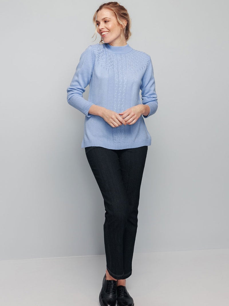 Pull doux torsades côtes strass col montant - Afibel Bleu - Kiabi