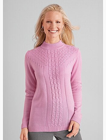 Pull doux torsades côtes strass col montant - Afibel