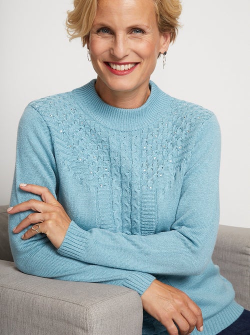 Pull doux torsades côtes strass col montant - Afibel - Kiabi