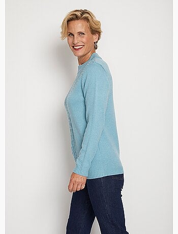 Pull doux torsades côtes strass col montant - Afibel