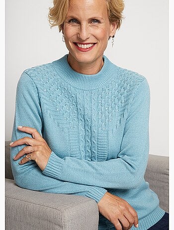 Pull doux torsades côtes strass col montant - Afibel