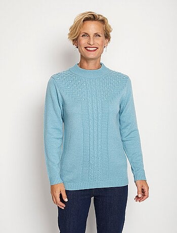 Pull doux torsades côtes strass col montant