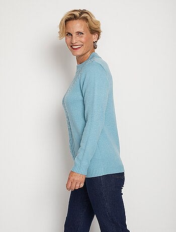 Pull doux torsades côtes strass col montant