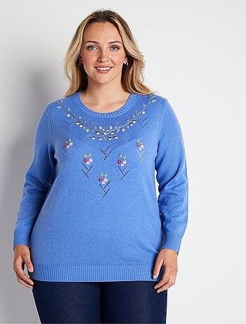 Pull doux uni brodé ajouré col rond - Afibel