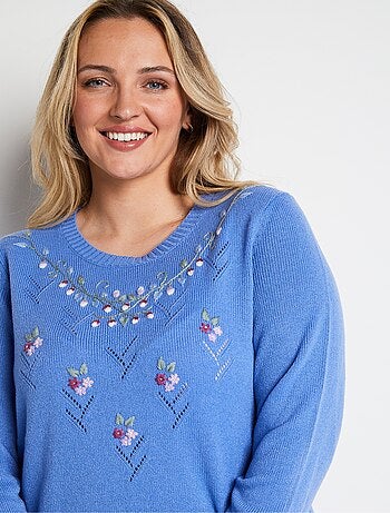 Pull doux uni brodé ajouré col rond - Afibel