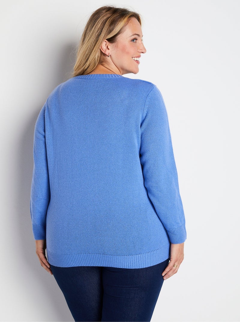 Pull doux uni brodé ajouré col rond - Afibel Bleu - Kiabi