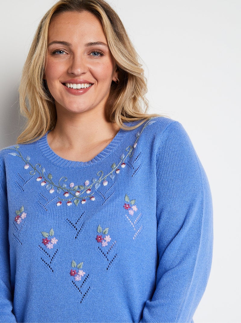 Pull doux uni brodé ajouré col rond - Afibel Bleu - Kiabi