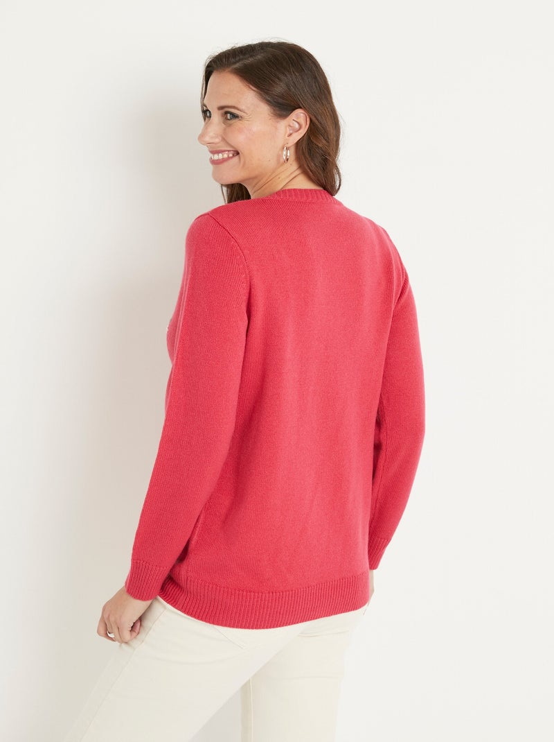 Pull doux uni brodé ajouré col rond - Afibel Rose - Kiabi