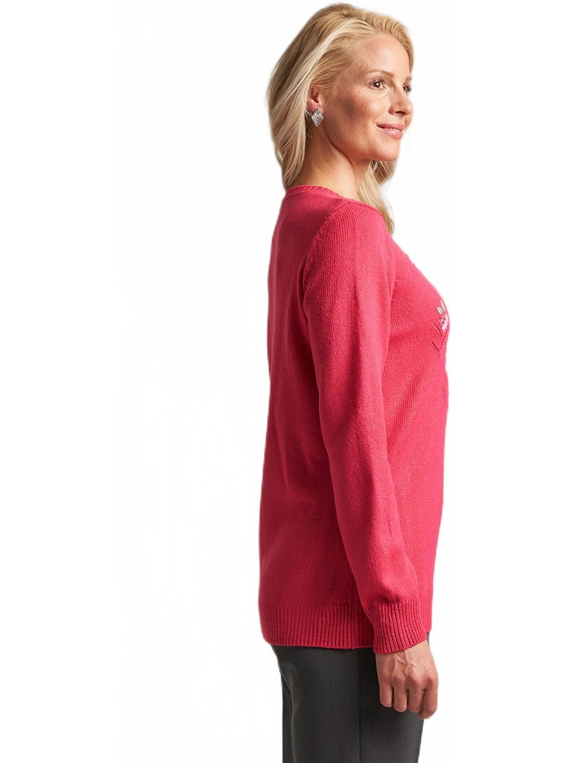 Pull doux uni brodé ajouré col rond - Afibel Rose - Kiabi