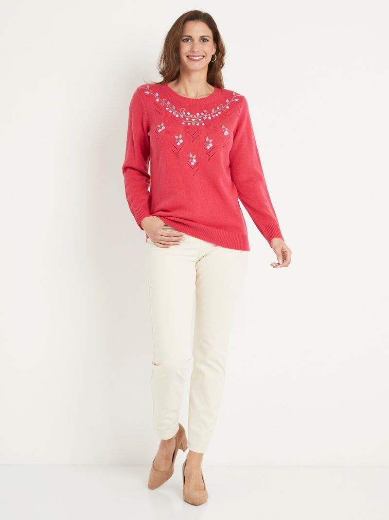 Pull doux uni brodé ajouré col rond - Afibel Rose - Kiabi