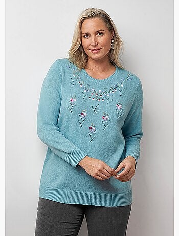 Pull doux uni brodé ajouré col rond - Afibel