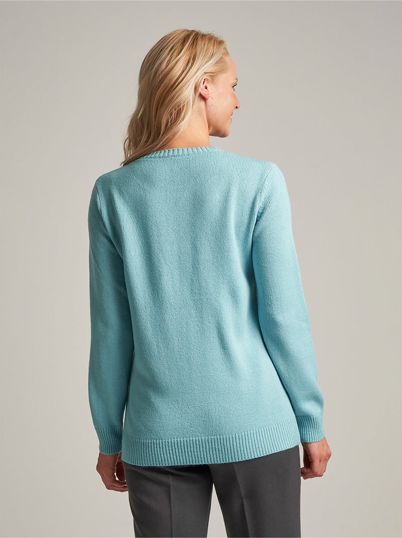 Pull doux uni brodé ajouré col rond - Afibel Vert - Kiabi