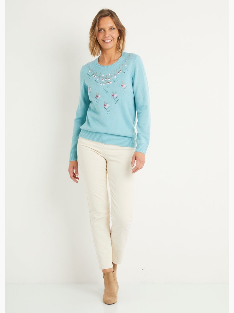 Pull doux uni brodé ajouré col rond - Afibel Vert - Kiabi